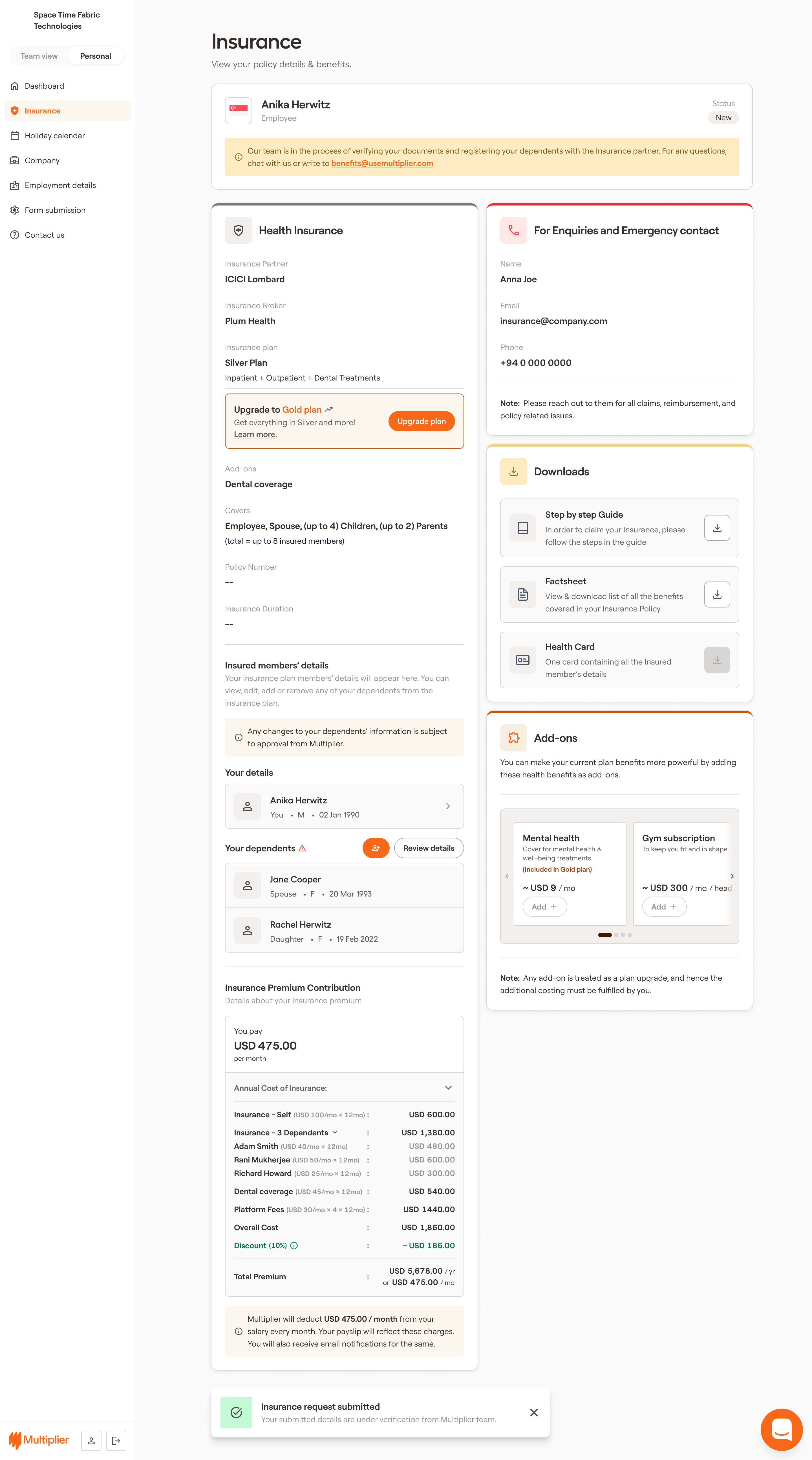 Bought Insurance Plan Screen