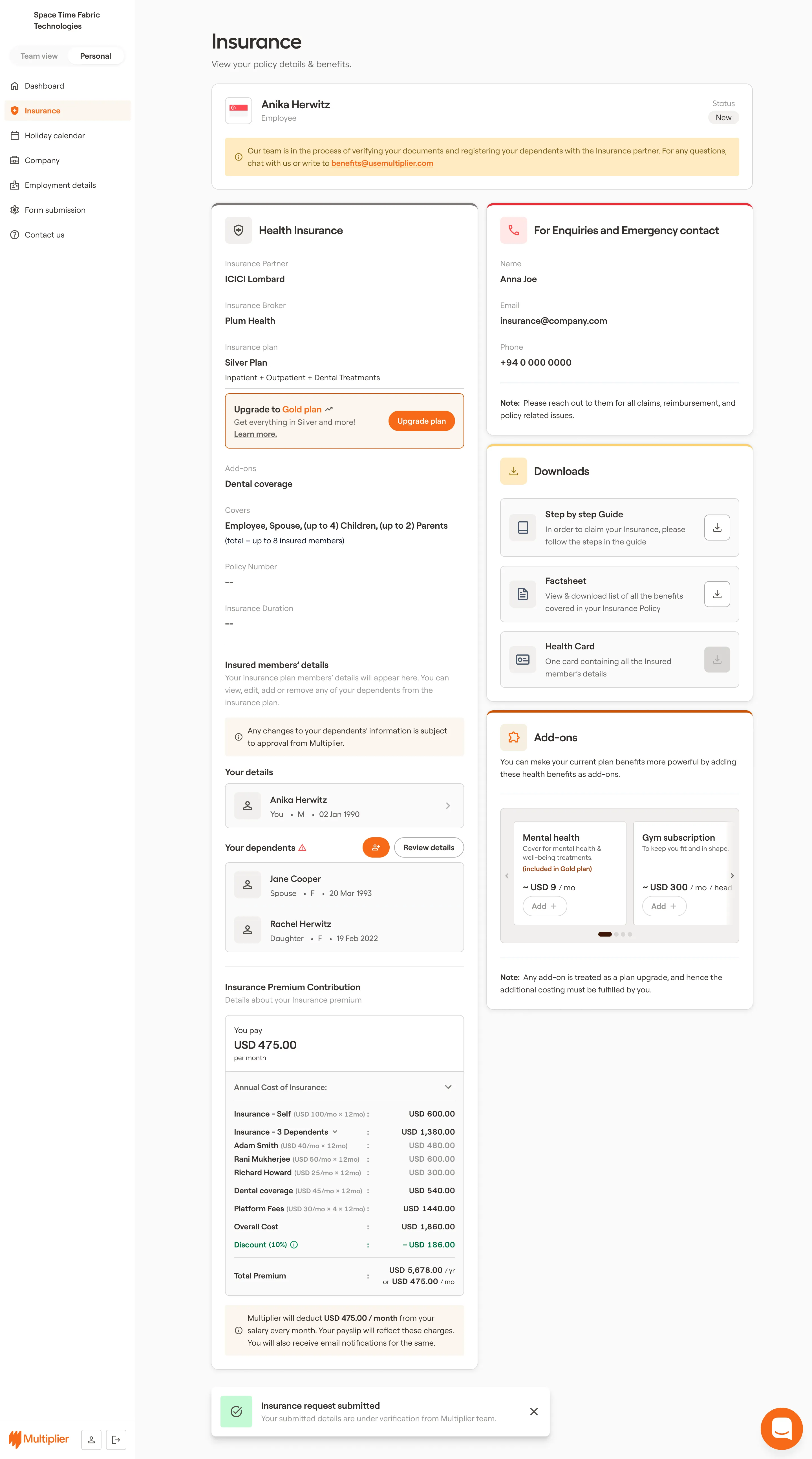 Bought Insurance Plan Screen
