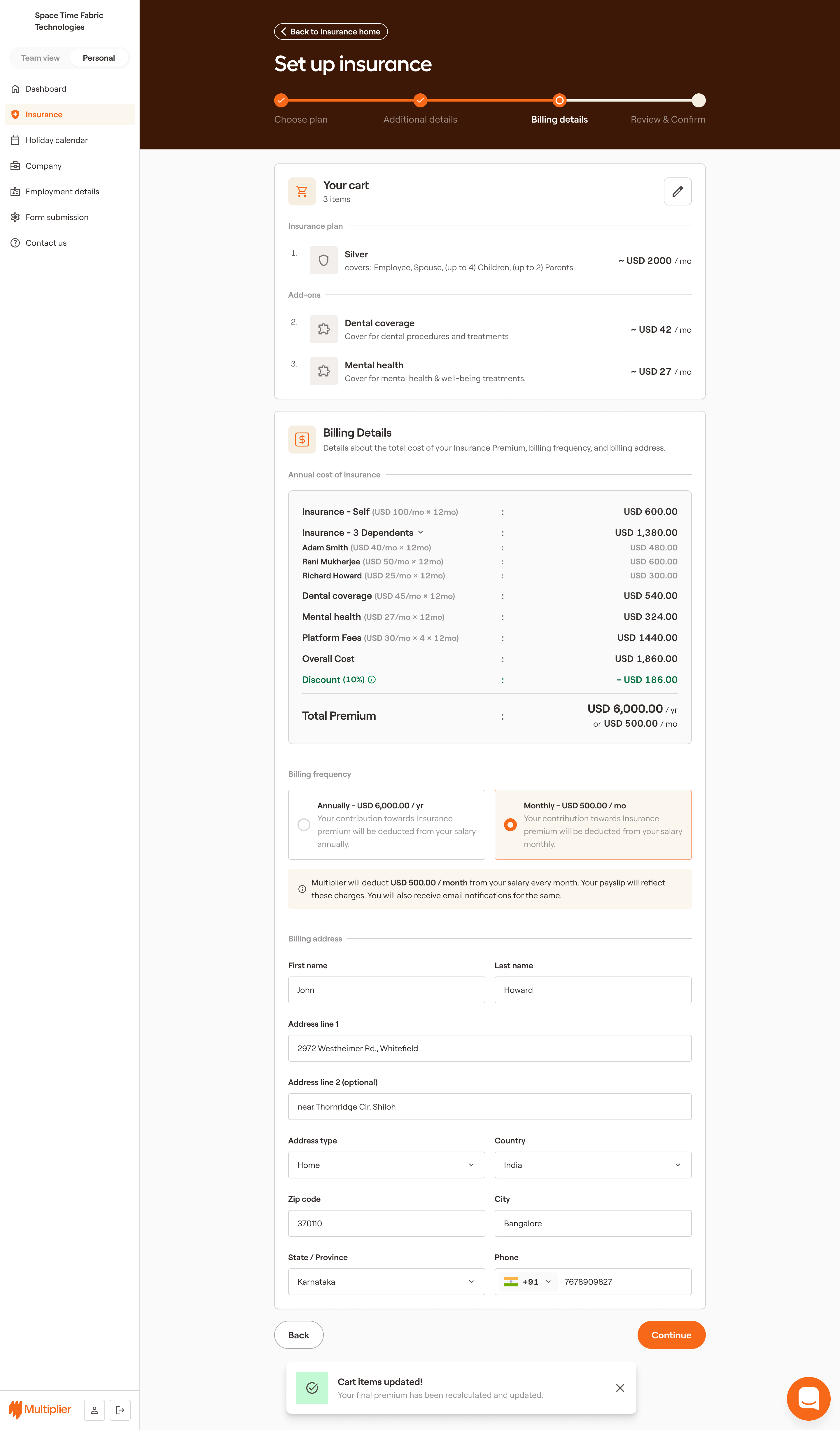 Cart View - Enter Billing Details - Monthly Deduction from Salary