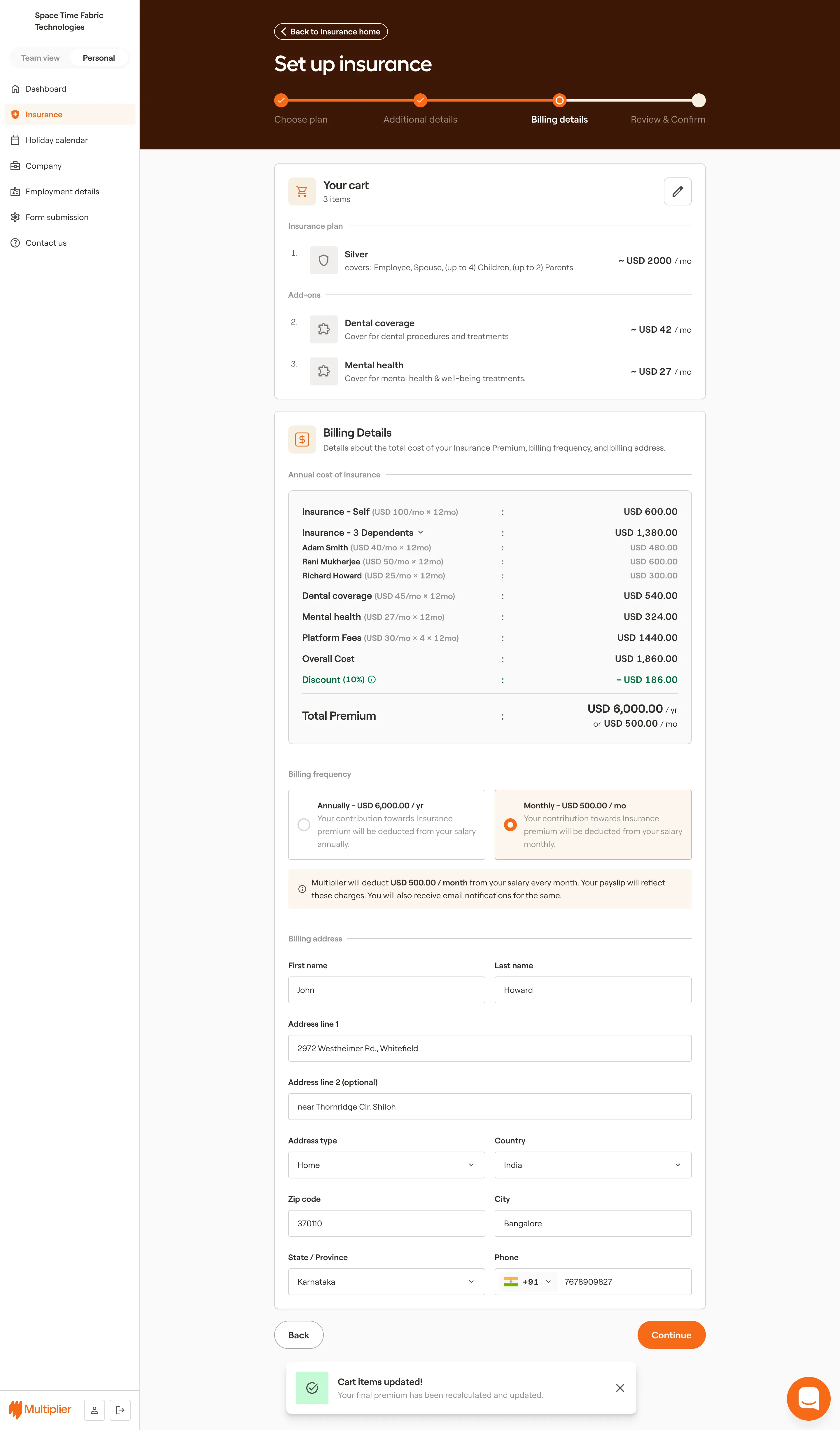 Cart View - Enter Billing Details - Monthly Deduction from Salary