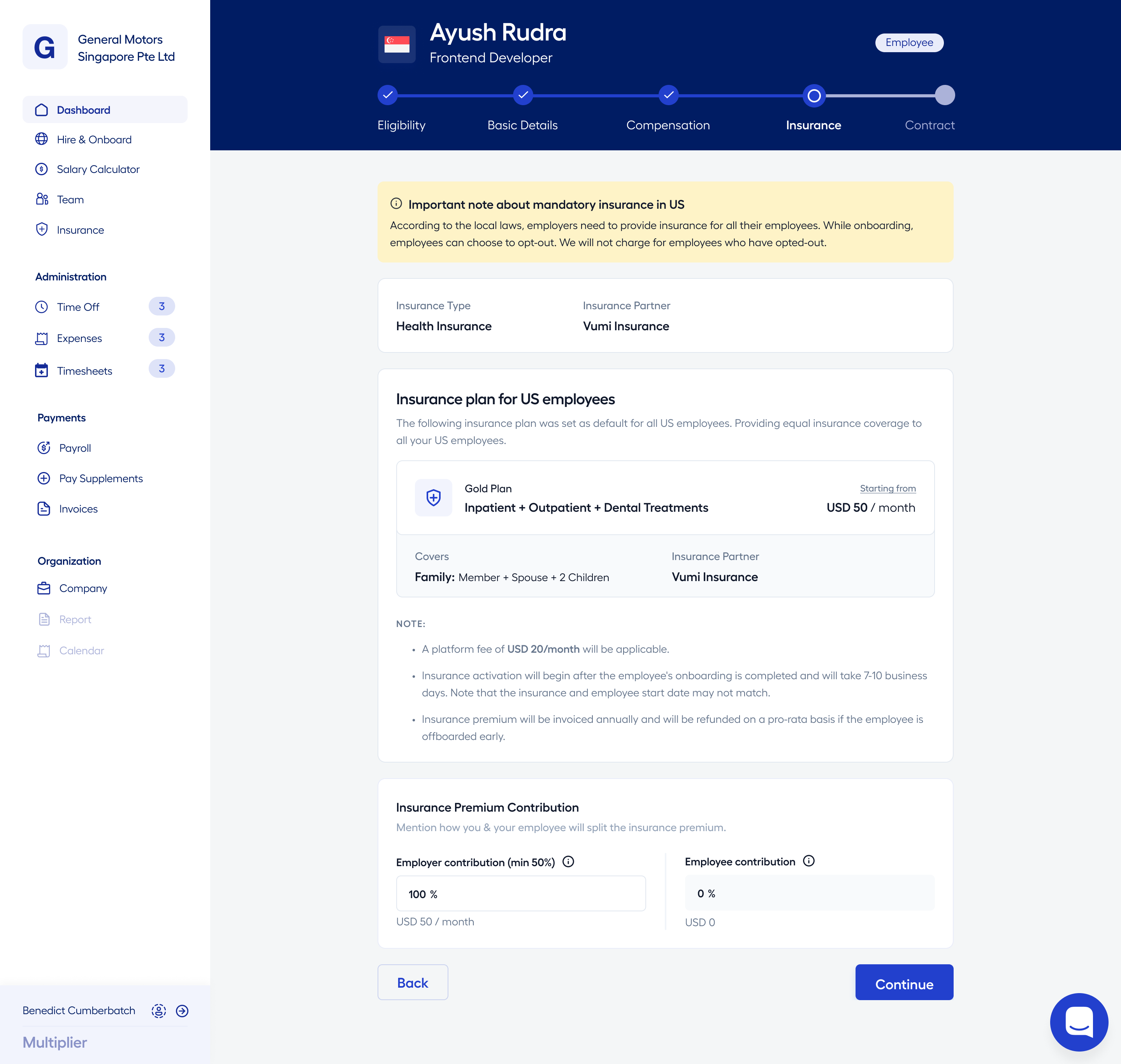 Company-Wide Insurance Policy during Onboarding