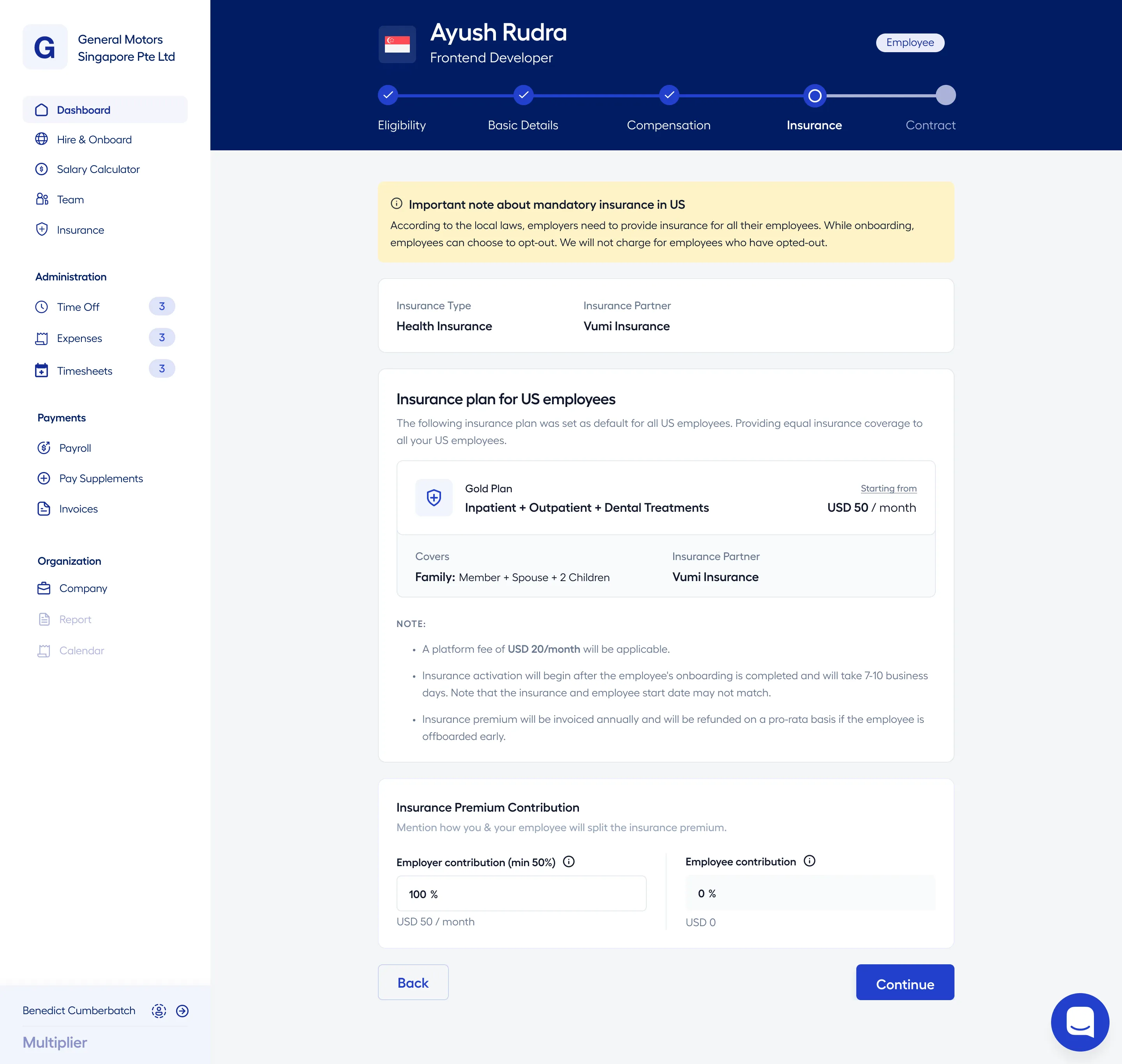 Company-Wide Insurance Policy during Onboarding