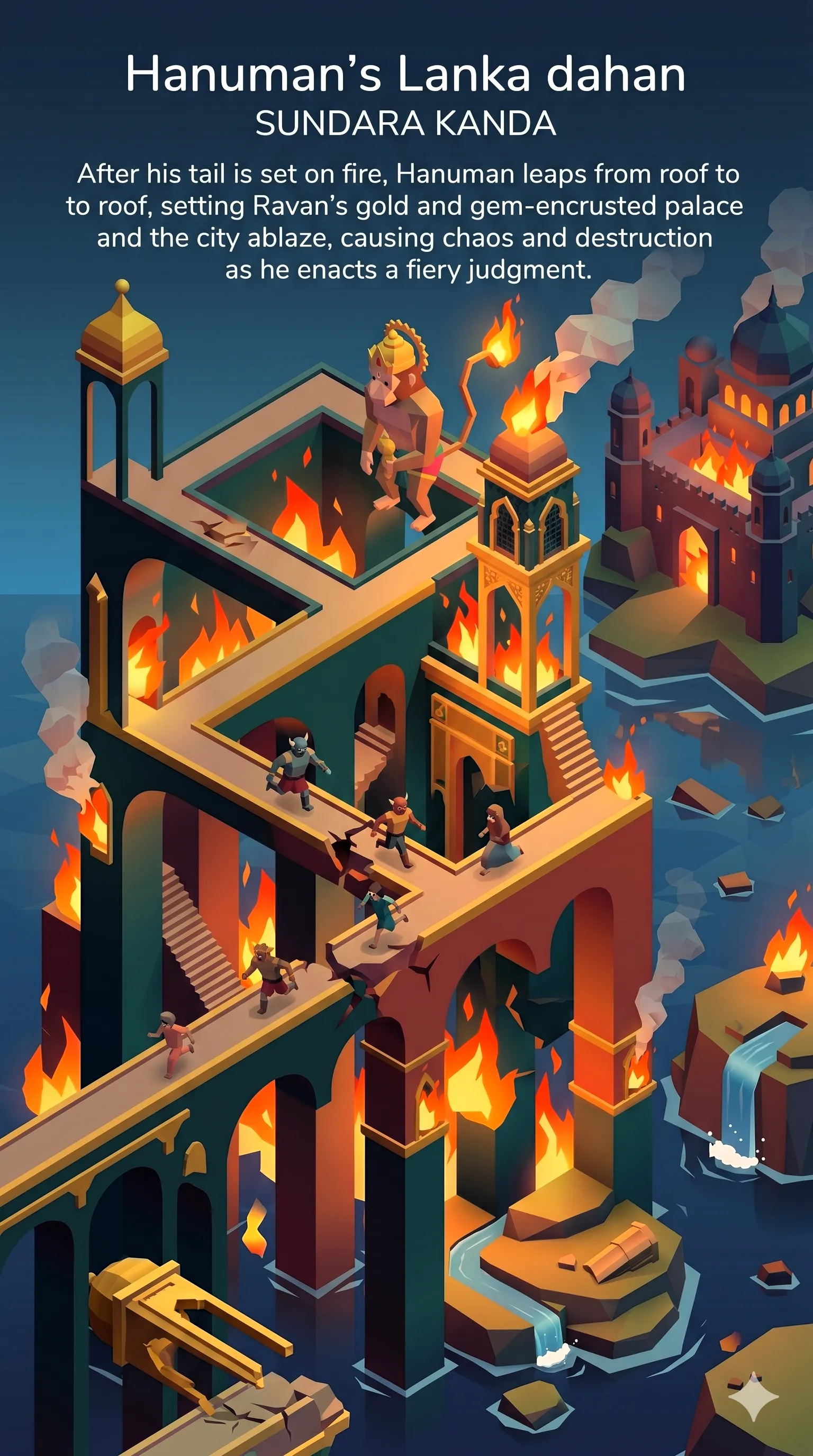 Hanuman's - Lanka Dahan imagined in Monument Valley Style