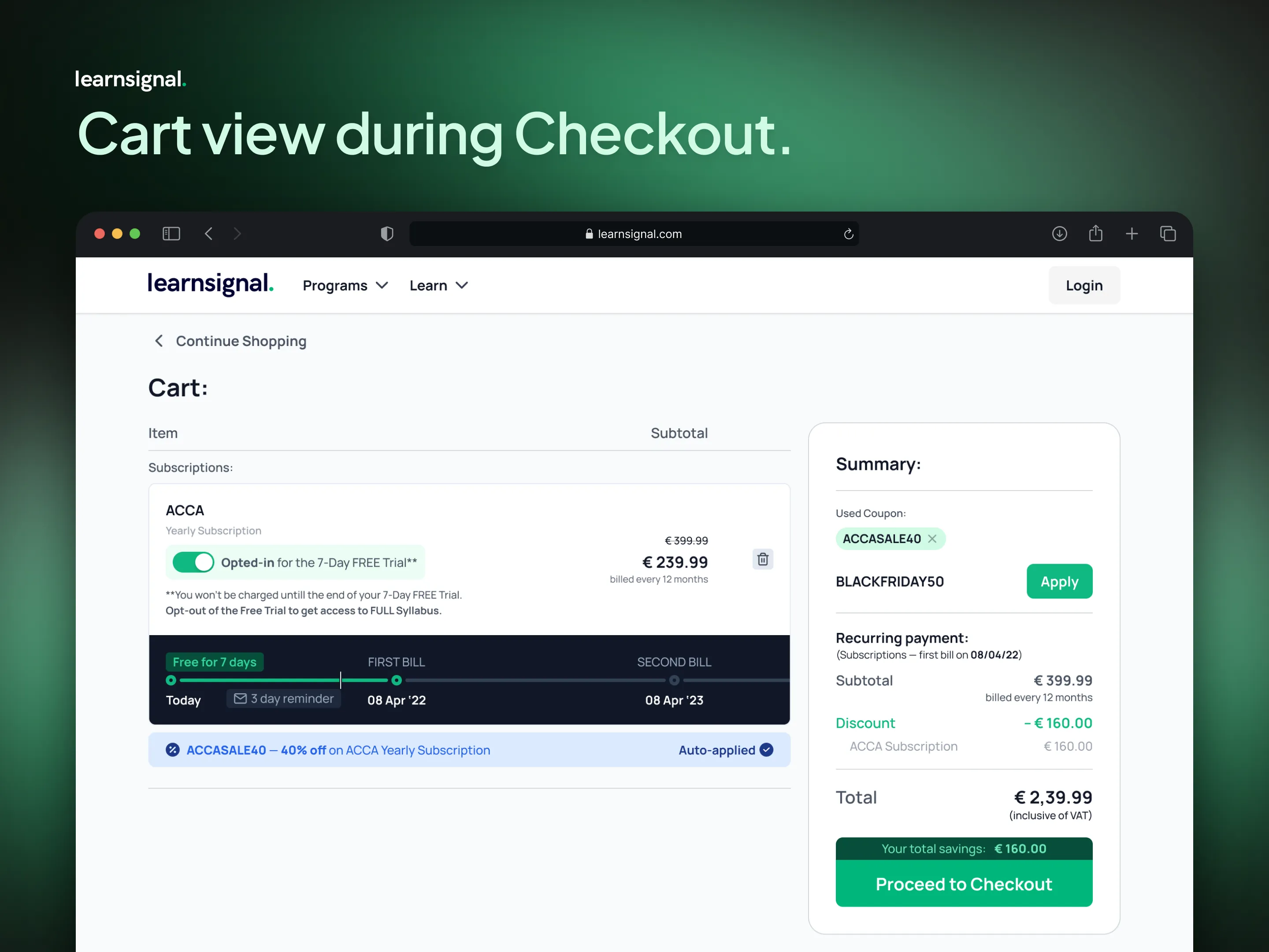 LearnSignal's Cart View with Apply Coupon UI