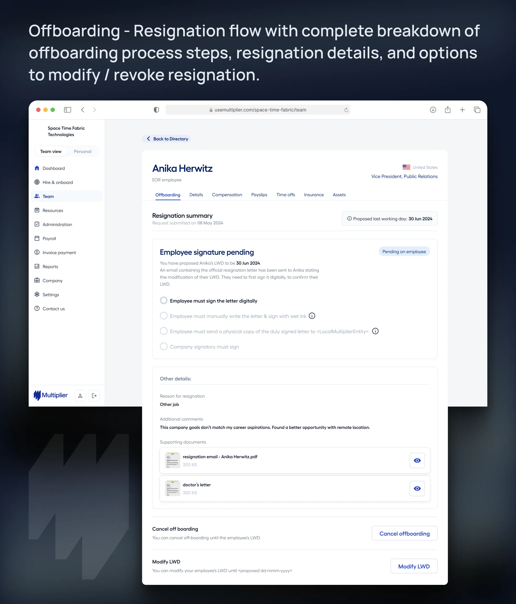 Multiplier's EOR Offboarding Interface